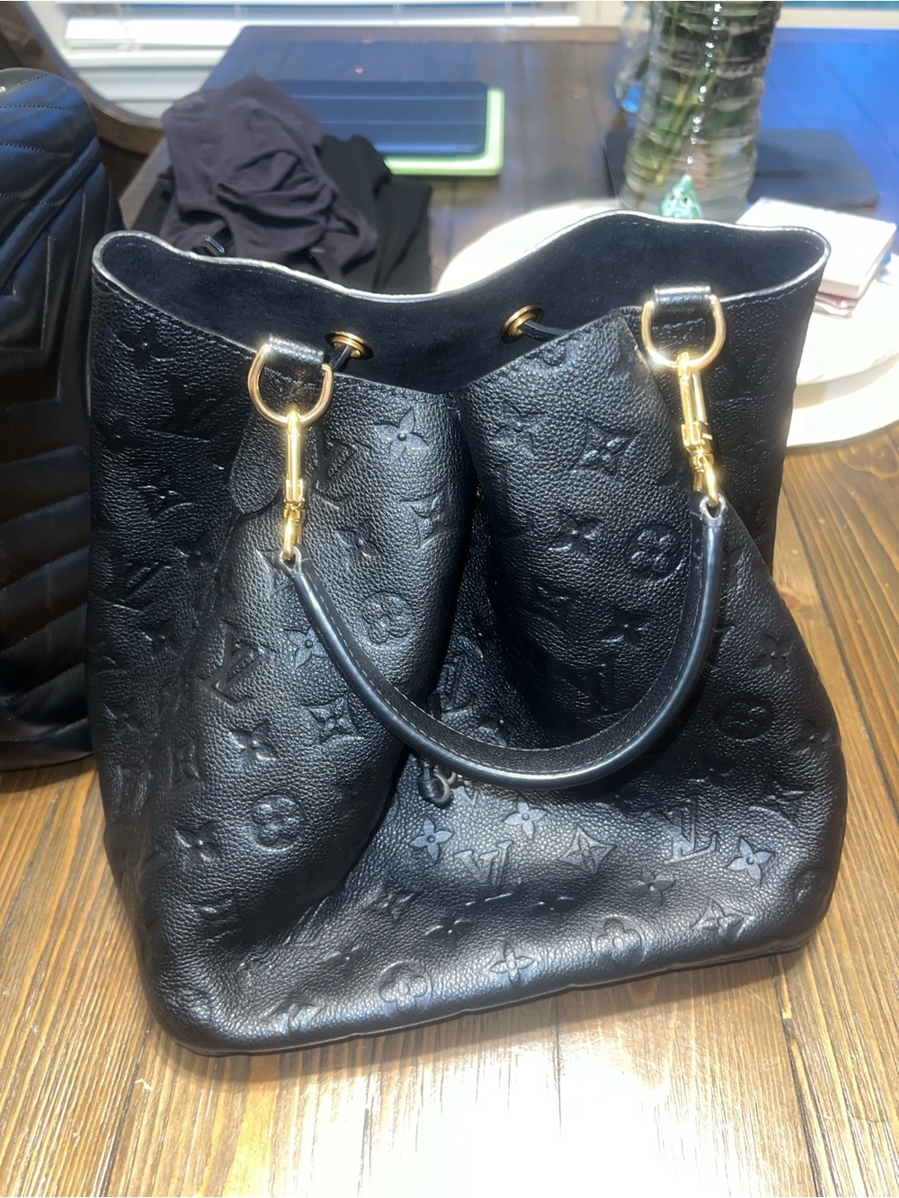 Louis Vuitton Black Monogram Embossed Hobo with Gold Hardware